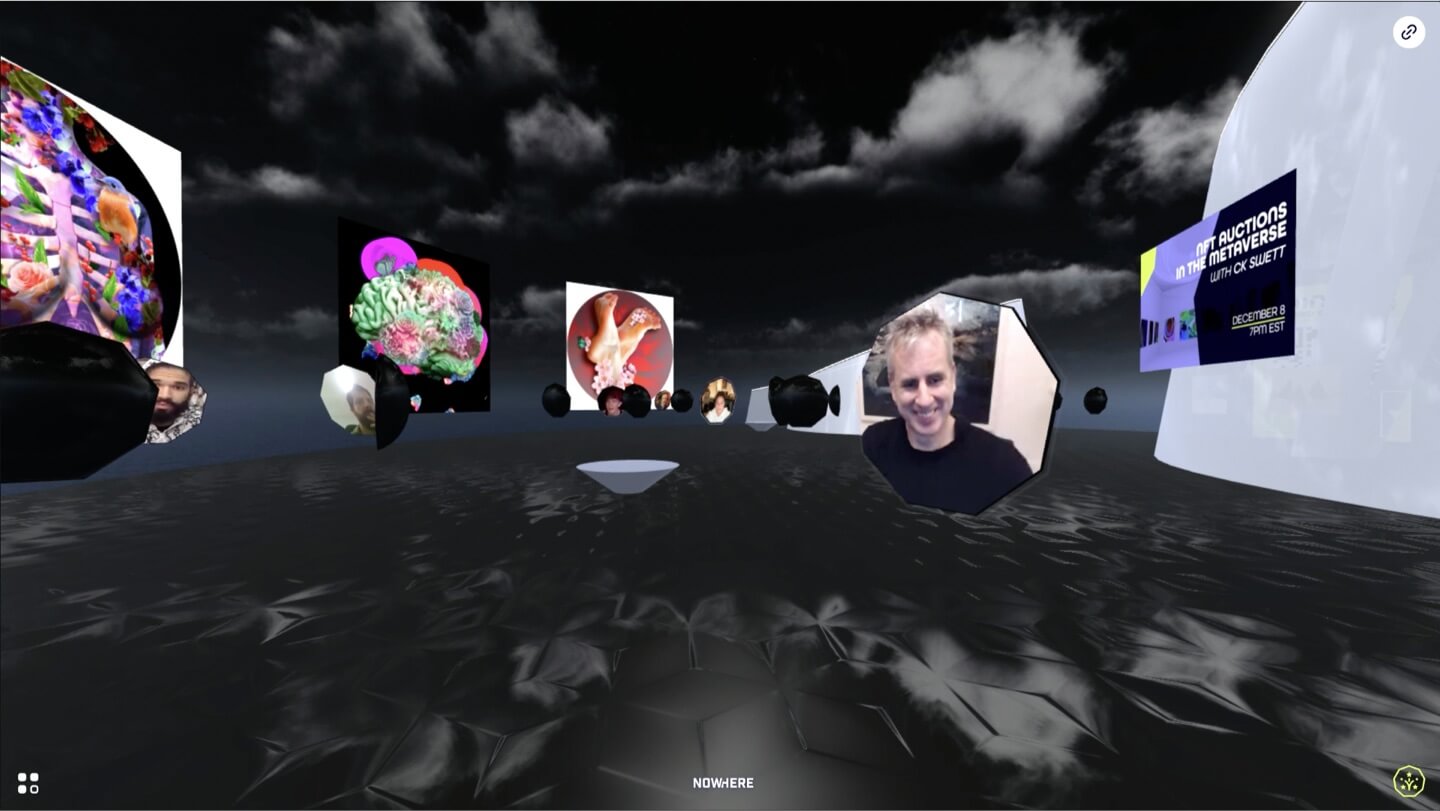 People mingling in pods in a virtual art gallery before an NFT auction talk