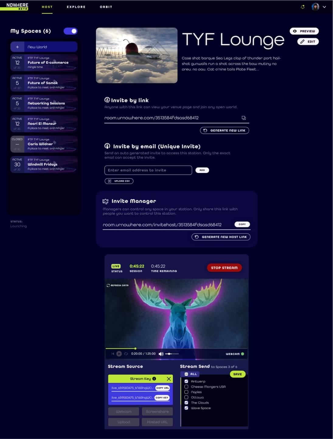 Screen mock-up of the station admin page with live stream component